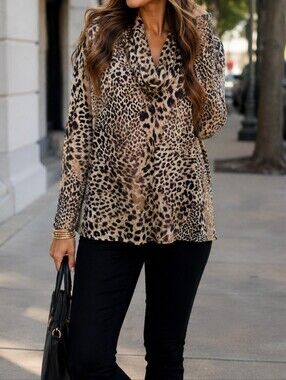 Clientele Leopard Print Cowl Neck Sweater Beige Black Animal Print Casual Top